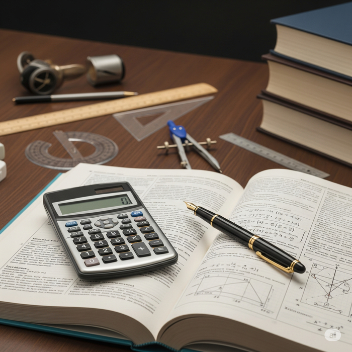 Mathematisches Buch mit Taschenrechner und Füller